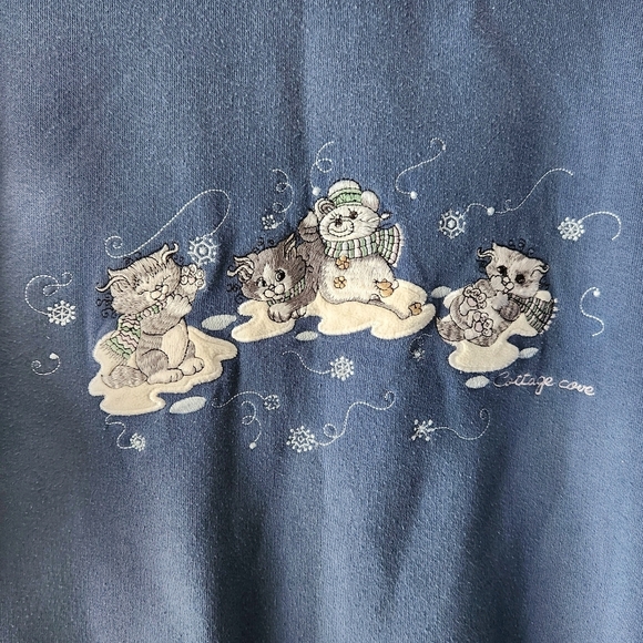 Y2K Cottagecore Cat Sweatshirt Vintage 90s Blue Embroidered Winter Pullover Sz S - Picture 2 of 10